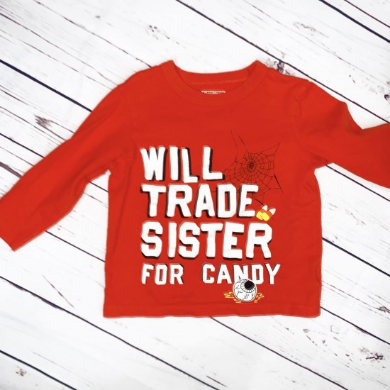 Playful Boys 3T Halloween Shirt: 'WILL TRADE SISTER FOR CANDY' design. OshKosh Bgosh brand. Good used condition