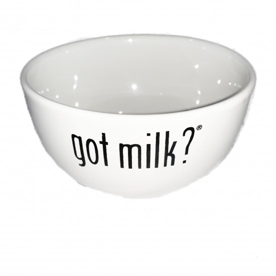 White ceramic bowl that reads 'got milk' in black lettering